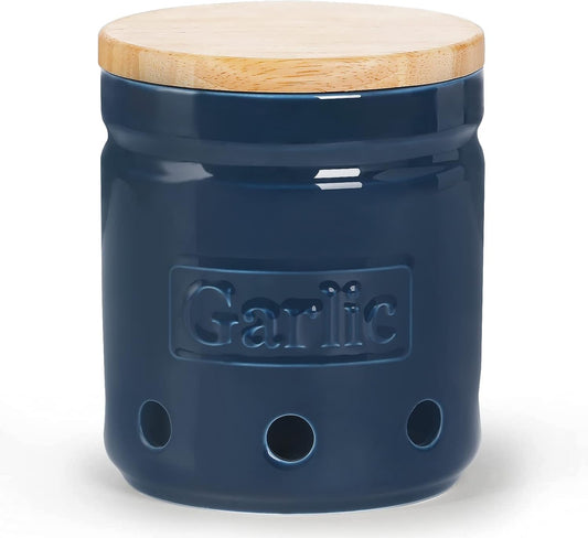 Large Garlic Keeper with Wooden Lid, Ceramic Garlic Holder Storage, Garlic Container for Kitchen, Garlic Saver to Keep Your Garlic Cloves Fresh Longer 4.5-Inch, Navy