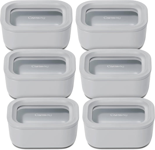 Caraway 6pc Glass Food Storage Set - 2.6 Cup Storage Containers For Food (6) - Non-Toxic Ceramic-Coated Glass - Air Release Technology - Compact & Stackable Design - Gray