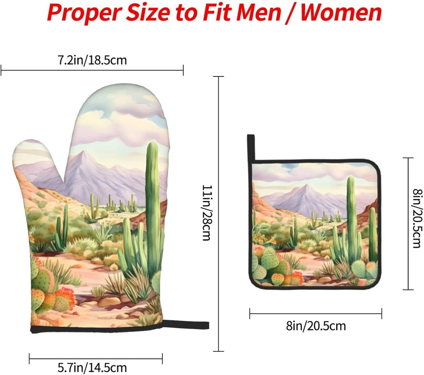 Desert Cactus Oven Mitts and Pot Holders Sets of 3 Heat Resistant Oven Gloves Hot Pads Non-Slip Kitchen Accessories for Baking Cooking Grilling BBQ