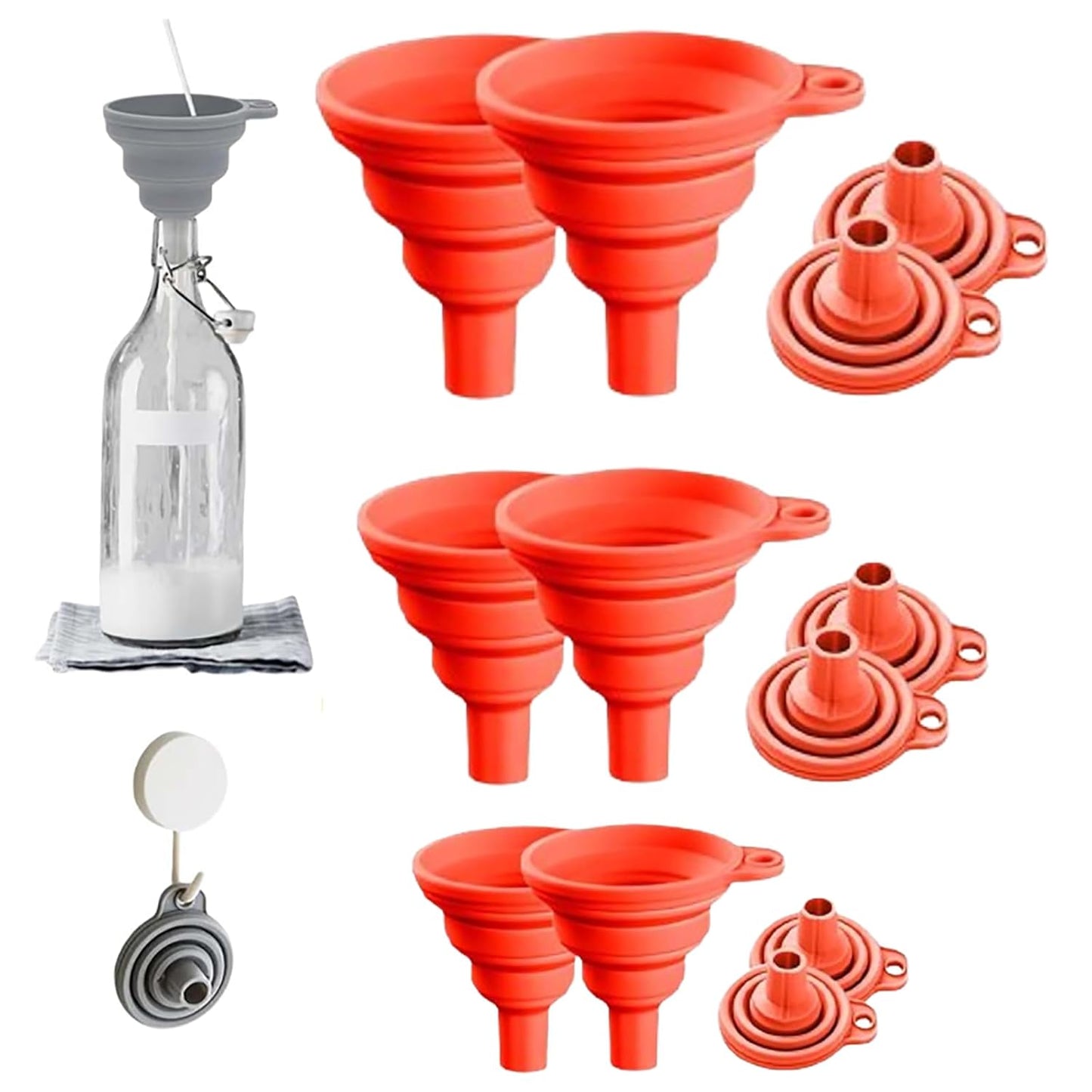 Kitchen Funnel Set, 2025 Upgrade Silicone Collapsible Funnel Silicone Collapsible Food Funnels for Kitchen 3 Sizes Funnels for Home Use Filling Bottles Daily Cooking (Red, 2Set 11+14+20g)