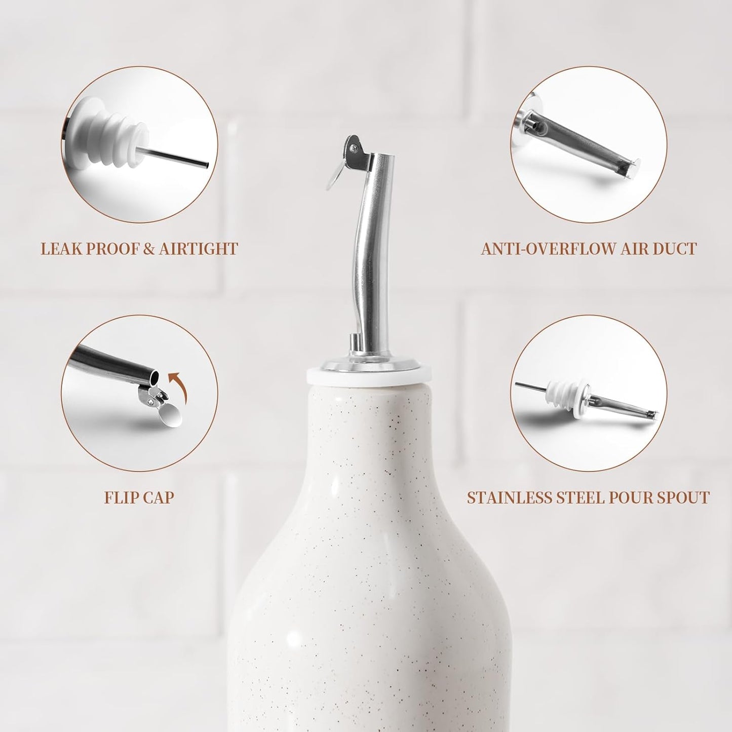 famiware Milkyway 16oz Ceramic Olive Oil Dispenser Bottle, Olive Oil and Vinegar Dispenser Bottle Set of 2 with Stainless Steel Pourers, Suitable for Storage Vinegar, Soy Sauce, Liquids, White