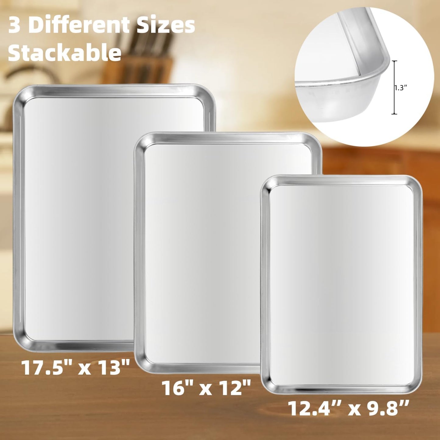 Baking Sheet Set of 3, Heavy-Duty Stainless-Steel Baking Pans, Cookie Sheets Cooking Trays for Oven, 3 Different Sizes (12/16/17.5 Inch)