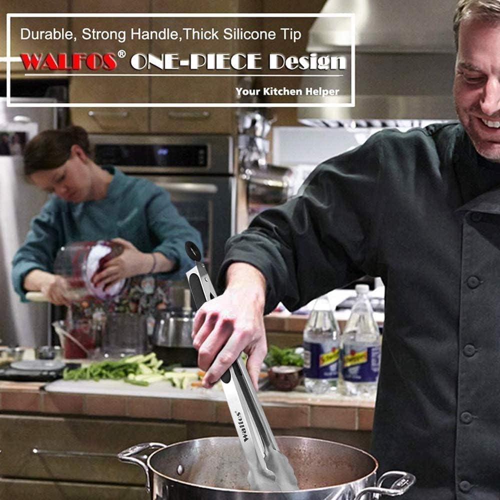 Walfos Stainless Steel Kitchen Tongs for Cooking, BBQ - 7 ，9, 12 and 14 Inch,Set of 4 Heavy Duty Locking Metal Food Tongs Non-Slip Grip