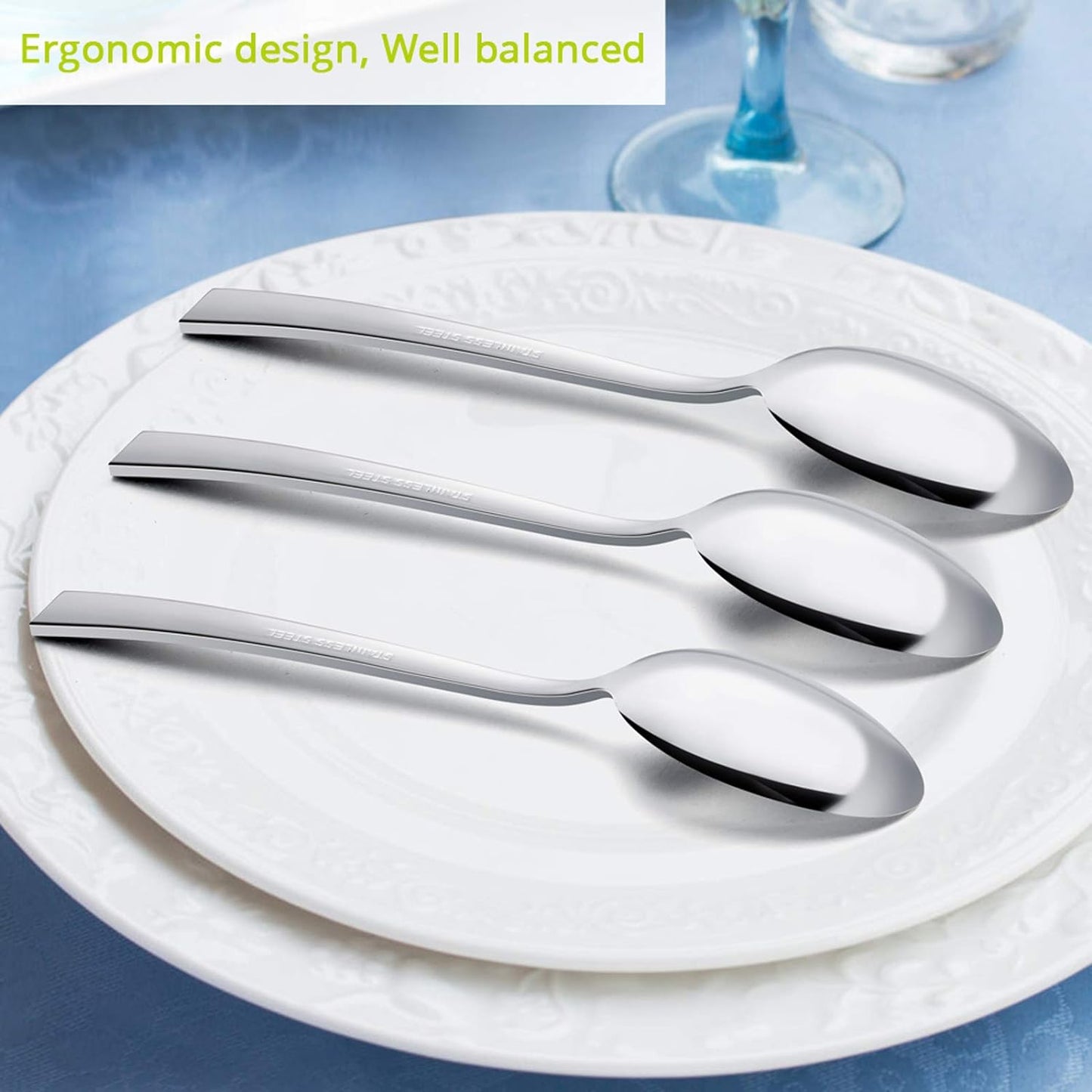 Dinner Spoons Set of 6, E-far 7.9 Inch Stainless Steel Soup Spoons Tablespoons for Home, Kitchen or Restaurant, Non-toxic & Mirror Polished, Squared Edge & Dishwasher Safe