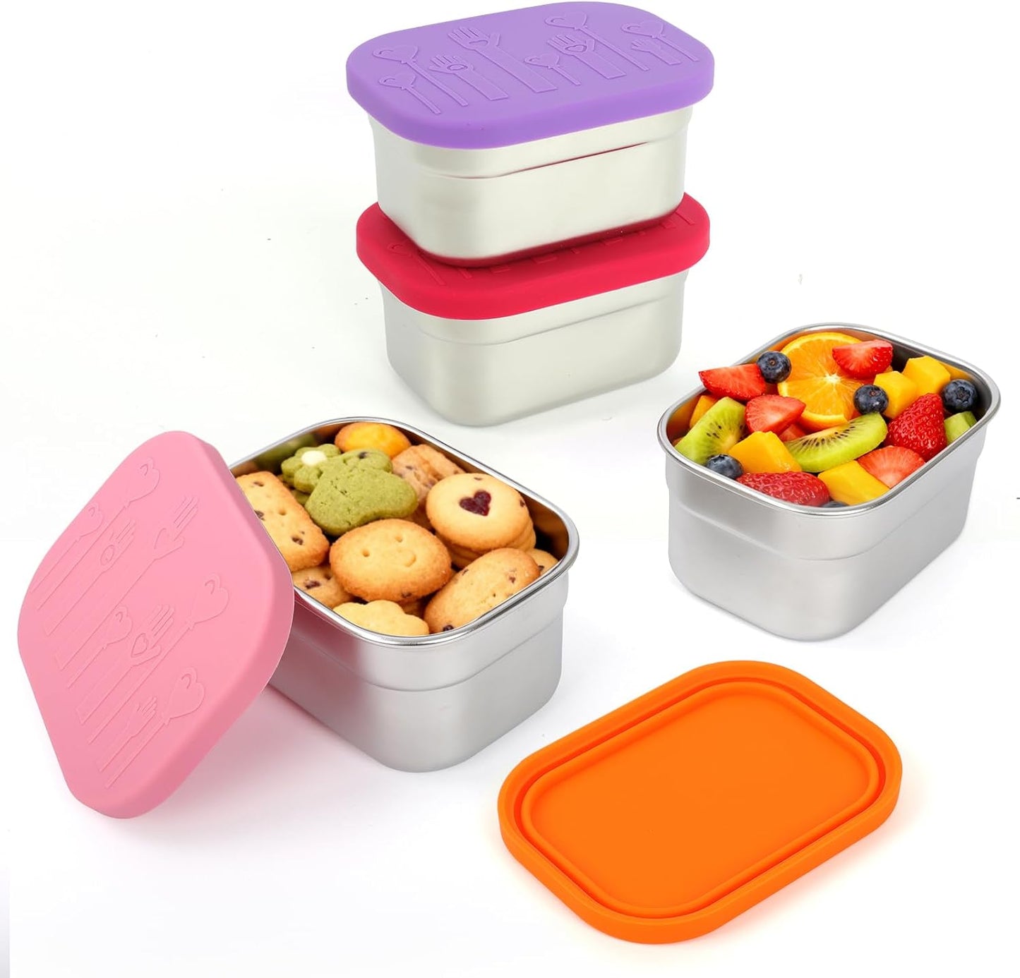 4 Pack Stainless Steel Snack Containers with Lids Set, 10oz Rectangular Easy Open Leakproof Reusable Snack Box Container for Lunch, Small Lunch Food Containers for Meal Prep, Salad Dressing To Go