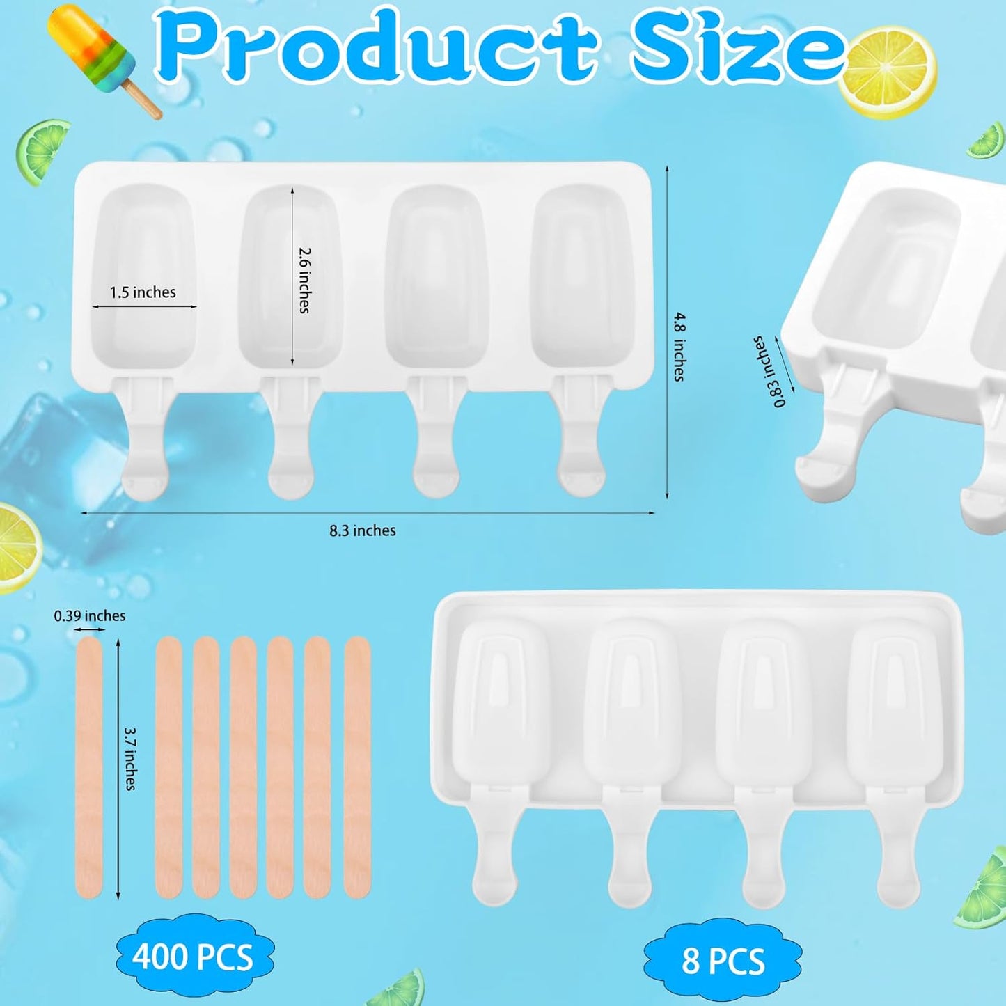 8 Set Silicone Popsicle Molds 4 Cavities Ice Cream Oval Cake Molds with 400 Sticks, Reusable Ice Pop & Cakesicle Mould forKids, DIY Frozen Treats, Summer Snacks, Parties Favors, Easy Release