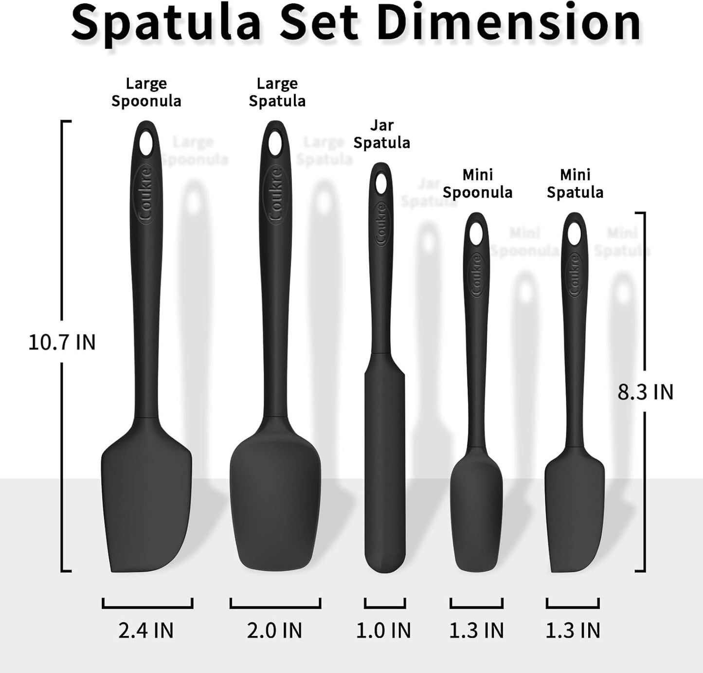 Coukre Silicone Spatula Set of 5,High Temperature Resistant, Food Grade Silicone, Dishwasher Safe, for Baking, Cooking (Pure Black)
