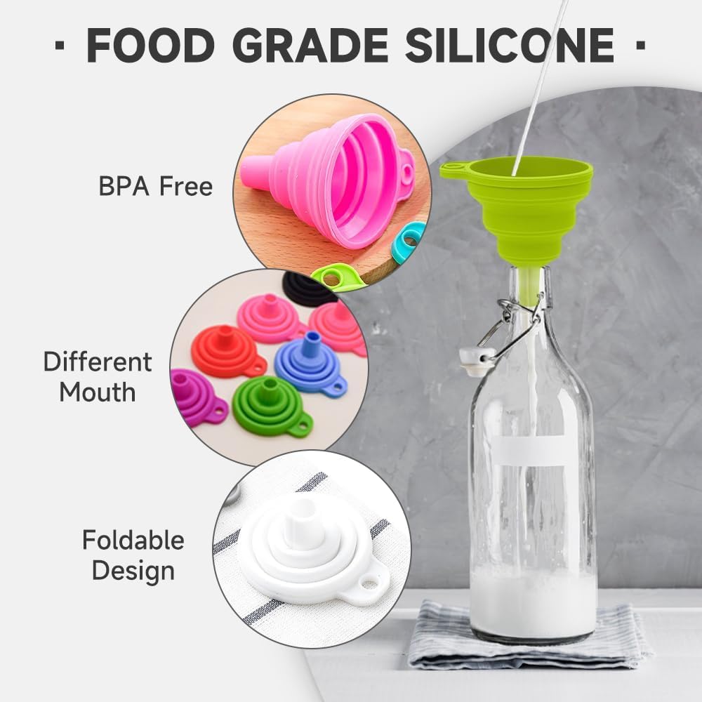 Kitchen Funnel Set, 2025 Upgrade Silicone Collapsible Funnel Silicone Collapsible Food Funnels for Kitchen 3 Sizes Funnels for Home Use Filling Bottles Daily Cooking (Green, 2Set 11+14+20g)