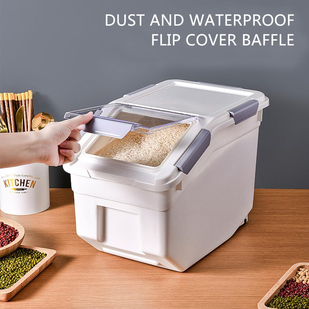 30Lbs 2 Pack Food Storage Container with Scoop, Airtight Rice Storage Bins Flour Containers Pet Food Dispenser with Handle & Wheels, Plastic Kitchen Pantry Organization for Cereal Baking Supplies