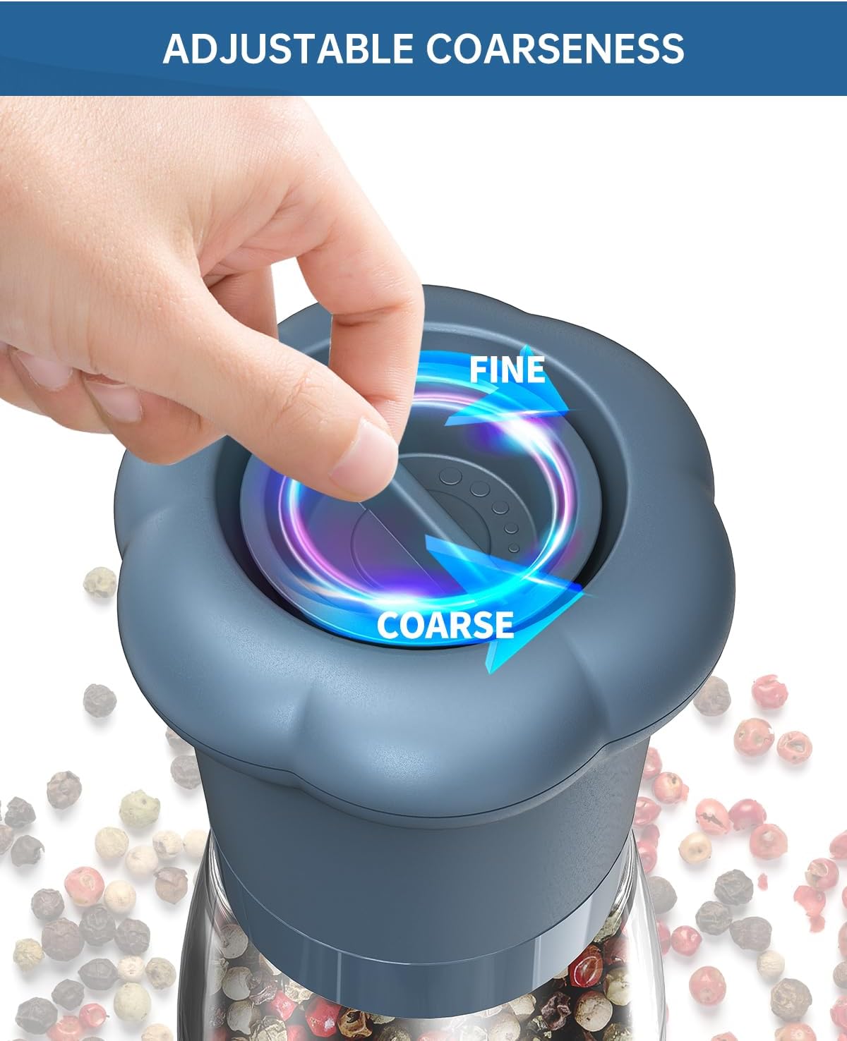 CIRCLE JOY Manual Salt and Pepper Grinder Set For Professional Chef, Refillable Salt and Pepper Shakers with Ceramic Blades, Adjustable Coarseness and BPA-free 180ml Glass Container, Short Blue