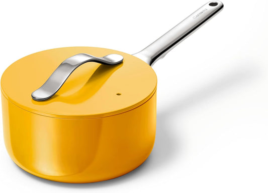 Caraway Nonstick Ceramic Sauce Pan with Lid (1.75 qt) - Non Toxic, PTFE & PFOA Free - Oven Safe & Compatible with All Stovetops (Gas, Electric & Induction) - Marigold