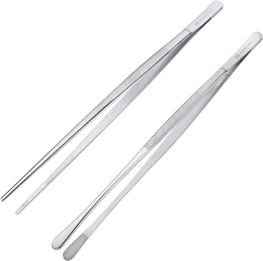 MSY BIGSUNNY Stainless Steel Food Tweezers Multi-function Cooking Tongs Kitchen Serving Tong (12" Round & 12" Pointed Tweezers)