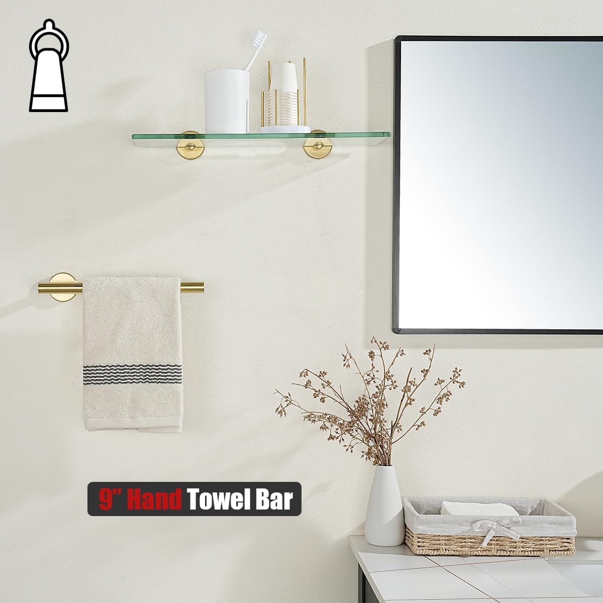 JQK Hand Towel Bar Gold, 10 Inch Thicken 0.8mm 304 Stainless Steel Bathroom Hand Towel Holder, 9 Inch Useable Length Wall Mount, Brushed Gold, THH110L9-BG
