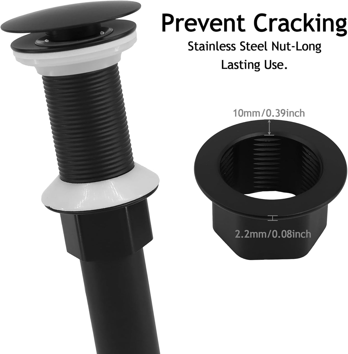 Bathroom Sink Drain,2 Pack Drain Stopper Without Overflow,Pop Up Drain Assembly with Detachable Strainer Basket,Built-in Anti-Clogging, Stainless Steel Nut Mattle Black