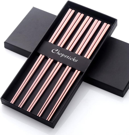 Buyer Star 5-Pair Stainless Steel Chopsticks - Reusable Rose Gold Chinese Square Chopsticks