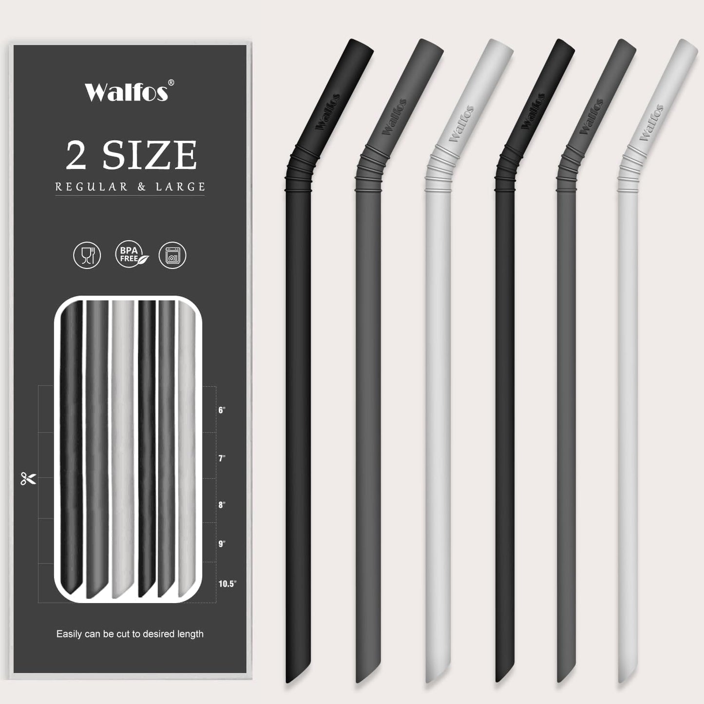 Walfos Silicone Straws - Reusable straws Bendy straws for Smoothies/20 & 30 oz Tumblers, BPA Free. 2 Size (3pcs Wide S + 3 pcs Regular + 2 Cleaning Brushes）