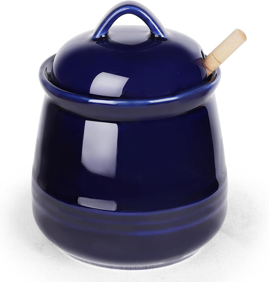 HAOTOP Ceramic Honey pot with Lid and Honey Dipper,Porcelain Honey Jar Easy to Clean and Dishwasher Safe,12oz (Navy)