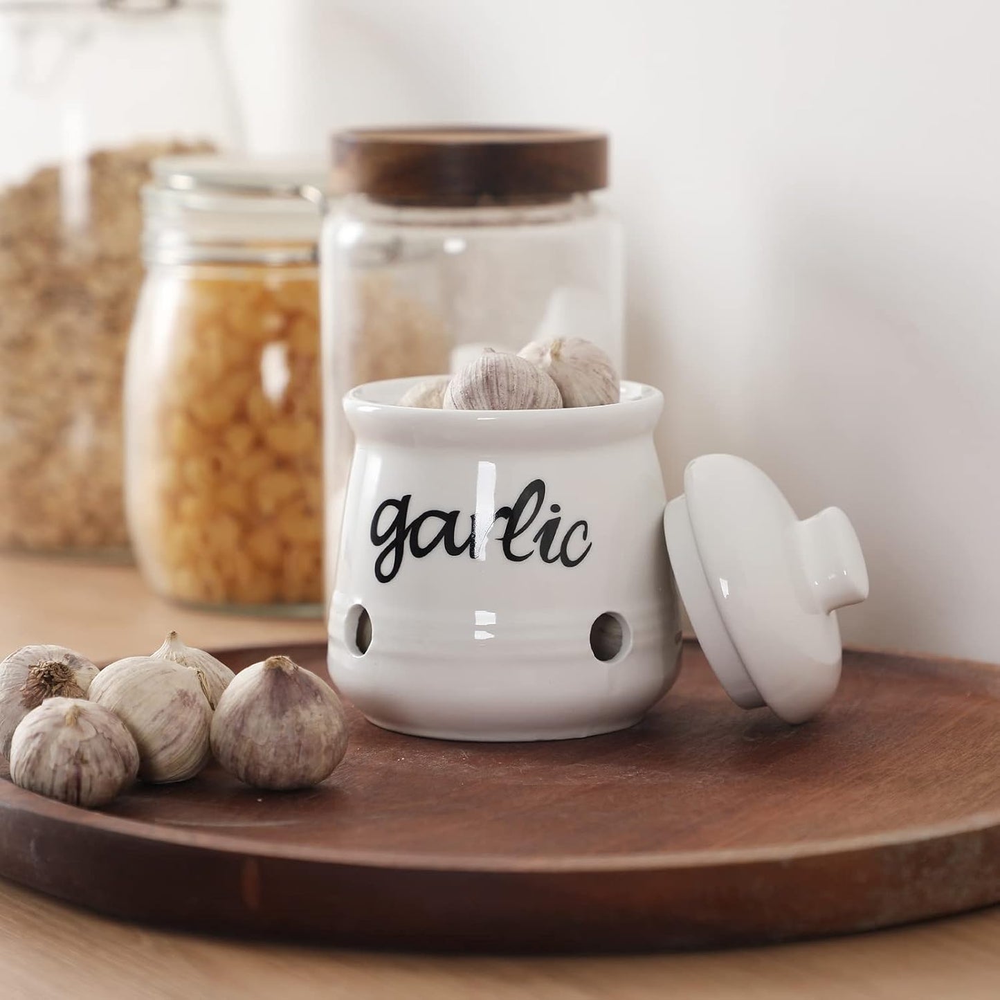 Garlic Keeper with Lid, Ceramic Mini Garlic Saver Container for Countertop, Farmhouse Kitchen Decor