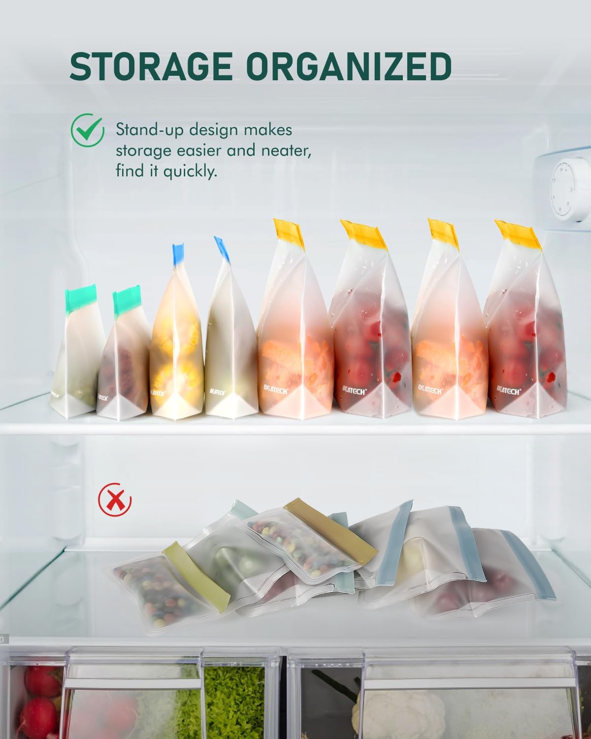 IDEATECH Gallon Freezer Bags Stand Up, Dishwasher Safe & Leakproof Reusable Gallon Bags, Extra Large & BPA Plastic Free Reusable Food Storage Bags for Meats, Veggies(6 Pack)