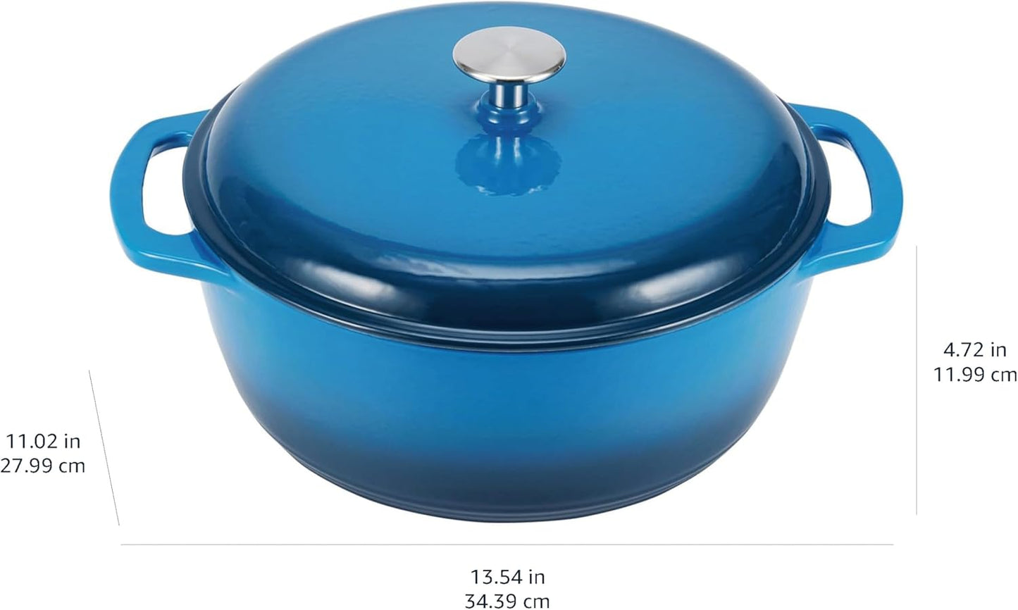 Amazon Basics Cast Iron Dutch Oven Pot with Lid, Enameled, Round, Dual Handles, Heavy-Duty, Medium, 6-Quart, Blue