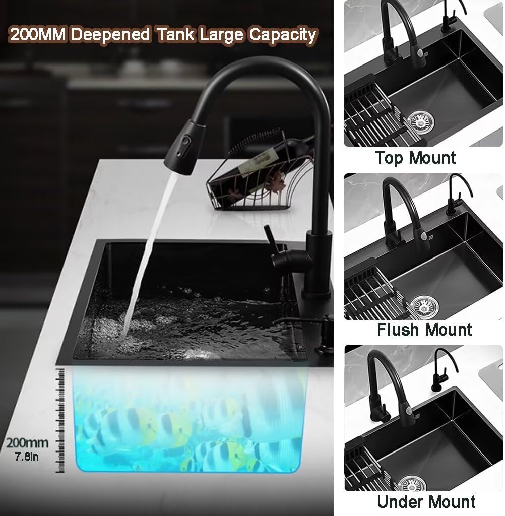 Black Drop in Kitchen Sink, Stainless Steel Single Bowl Sink with 3 Holes, Topmount Workstation Sink, Farmhouse Rectangle Basin with Multiple Accessories (25.6 * 17.7 * 7.9in)