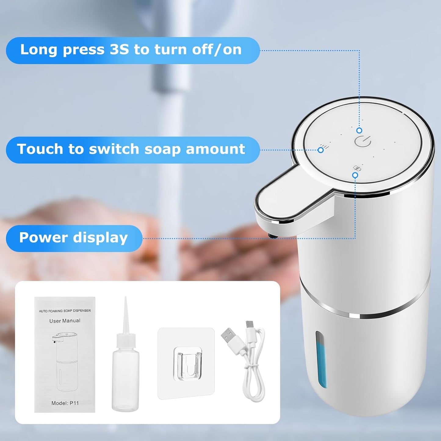 2 Pack Automatic Soap Dispensers,12.8oz/380ml USB Touchless Automatic Foaming Soap Dispenser,Rechargeabled Wall Mounted Smart Soap Dispenser for Bathroom Kitchen Dish Soap