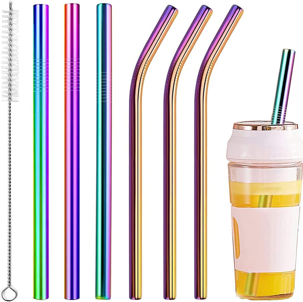 Vinaco Reusable Smoothie Straw, 0.4'' Extra Wide Stainless Steel Straw 10.5'' & 8.5'' Long colorful Straws, 6 Pack Metal Straw with 1 Reusable Straw Brush Cleaner for Milkshake, Smoothie, Bubble tea
