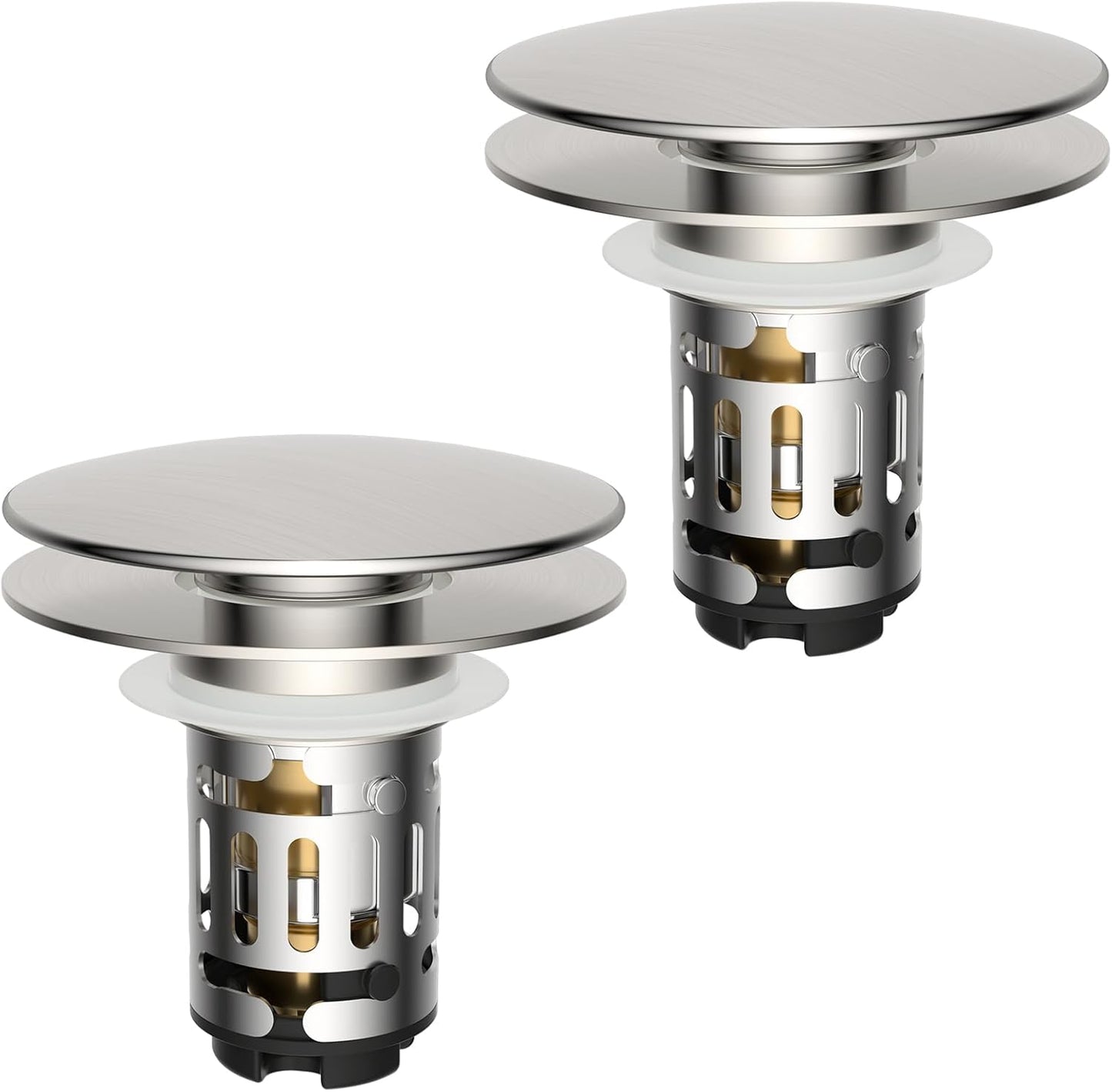 Hibbent 2 Pack Upgraded 3 in 1 Bathroom Sink Drain Strainer, Pop Up Sink Stopper with Big Cap, Anti-Clogging Metal Filter Basket,Sink Plug with Hair Catcher for 1.1''~2.36'' Basin, Brushed Nickel