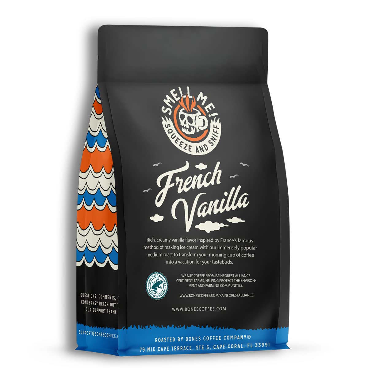 Bones Coffee Company French Vanilla, Creamy Vanilla Flavored Coffee, Medium Roast Low Acid Arabica Beans Compatible with Auto drip and French Press Coffee Maker, 12 Oz Whole Bean