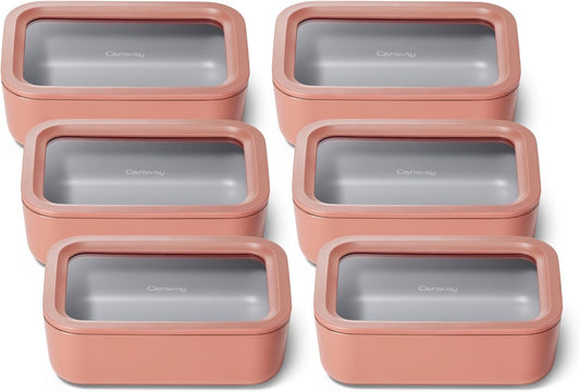 Caraway 6pc Glass Food Storage Set – 6.6 Cup Food Containers (6) - Ceramic Coated - Non Toxic, Non Stick with Lids - Microwave Safe - Perracotta