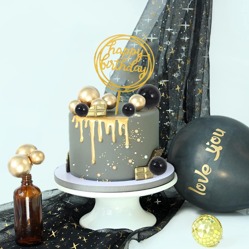 BEISHIDA Cake Topper Gold 27 Pack Cupcake Topper with Mini Balls, Happy Birthday Acrylic Toppers, Cake Decorations with Insert Pick DIY for Anniversary Wedding Baby Shower Party(Gold/Black)