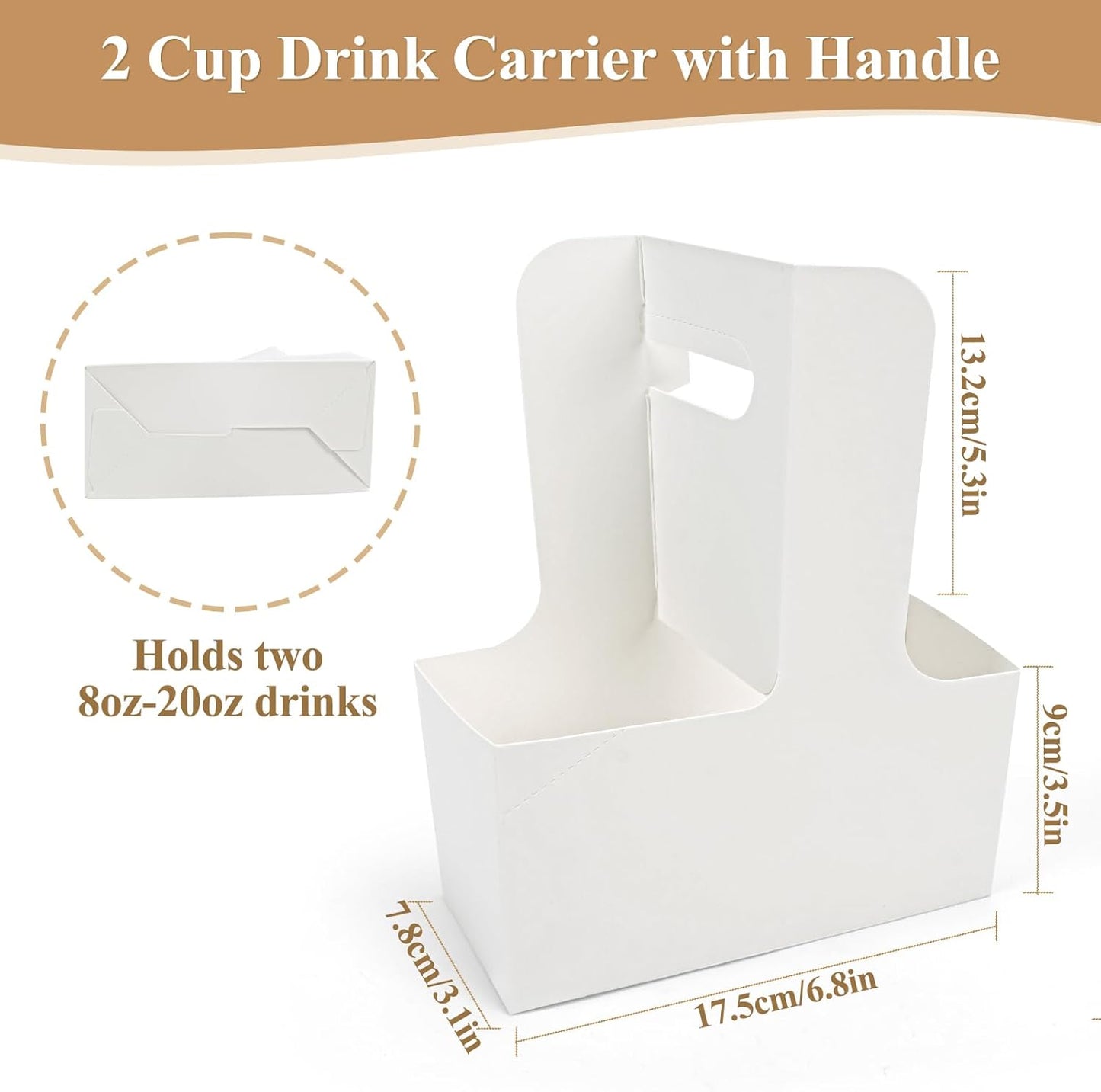 HFH Disposable 2-Cup Drink Carrier with Handle, Cardboard Cup Holder for Takeout, White (30P)
