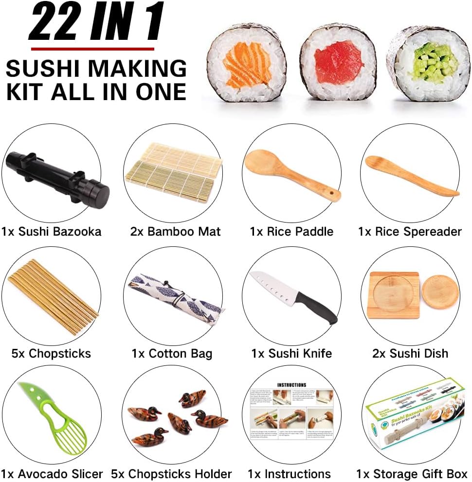 Sushi Making Kit, 22pcs Roller Maker for Beginners With Guide Book, Bazooka, Knife, Mat, Avocado Slicer, Chopsticks, Sauce Dishes & More - Sushi Lover's Gift