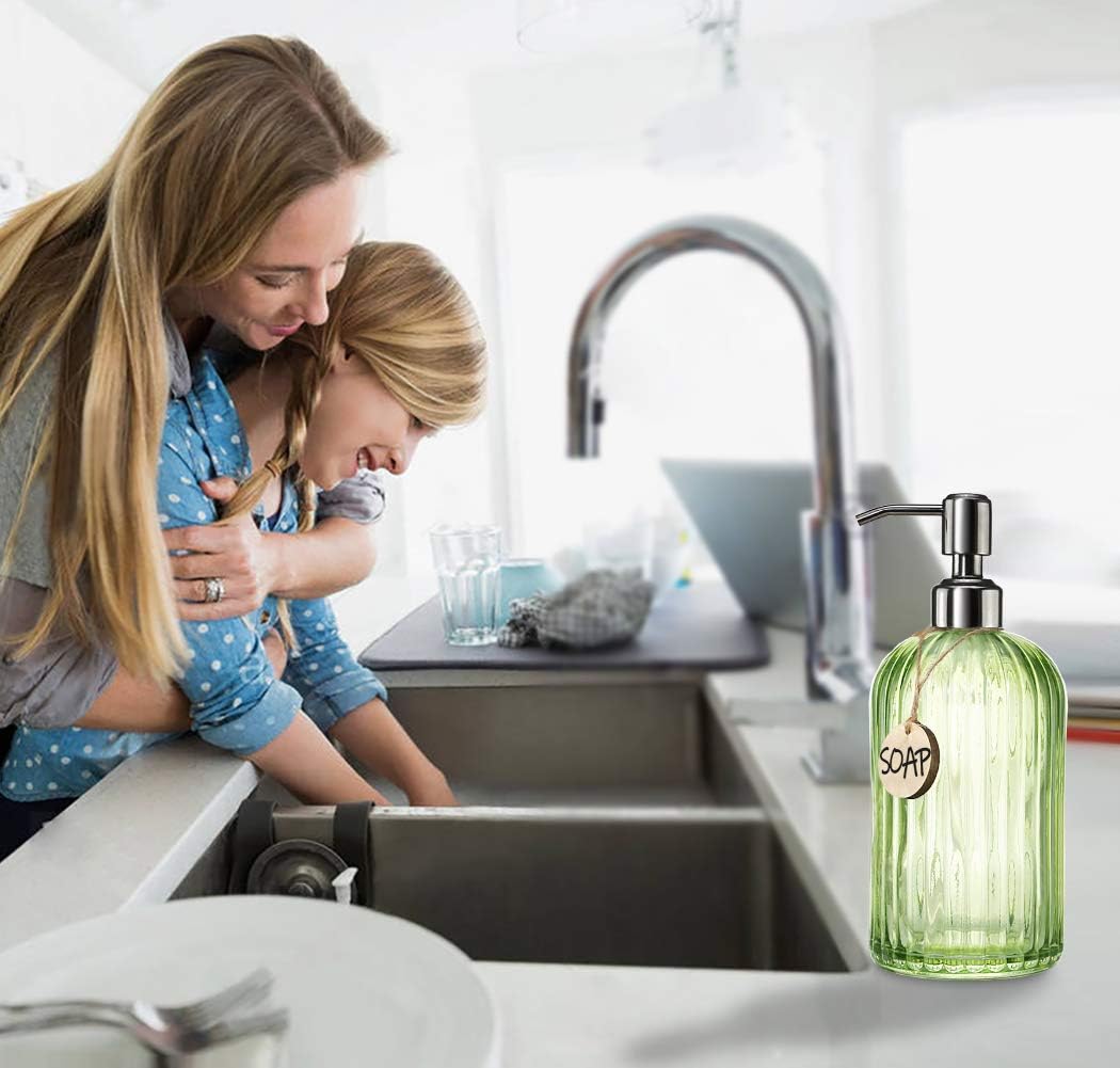 JASAI 18 Oz Vertical Striped Green Soap Dispenser with 304 Rust Proof Stainless Steel Pump, Refillable Lotion Soap Dispenser for Bathroom, Kitchen, Hand Soap, Dish Soap (Clear Green)