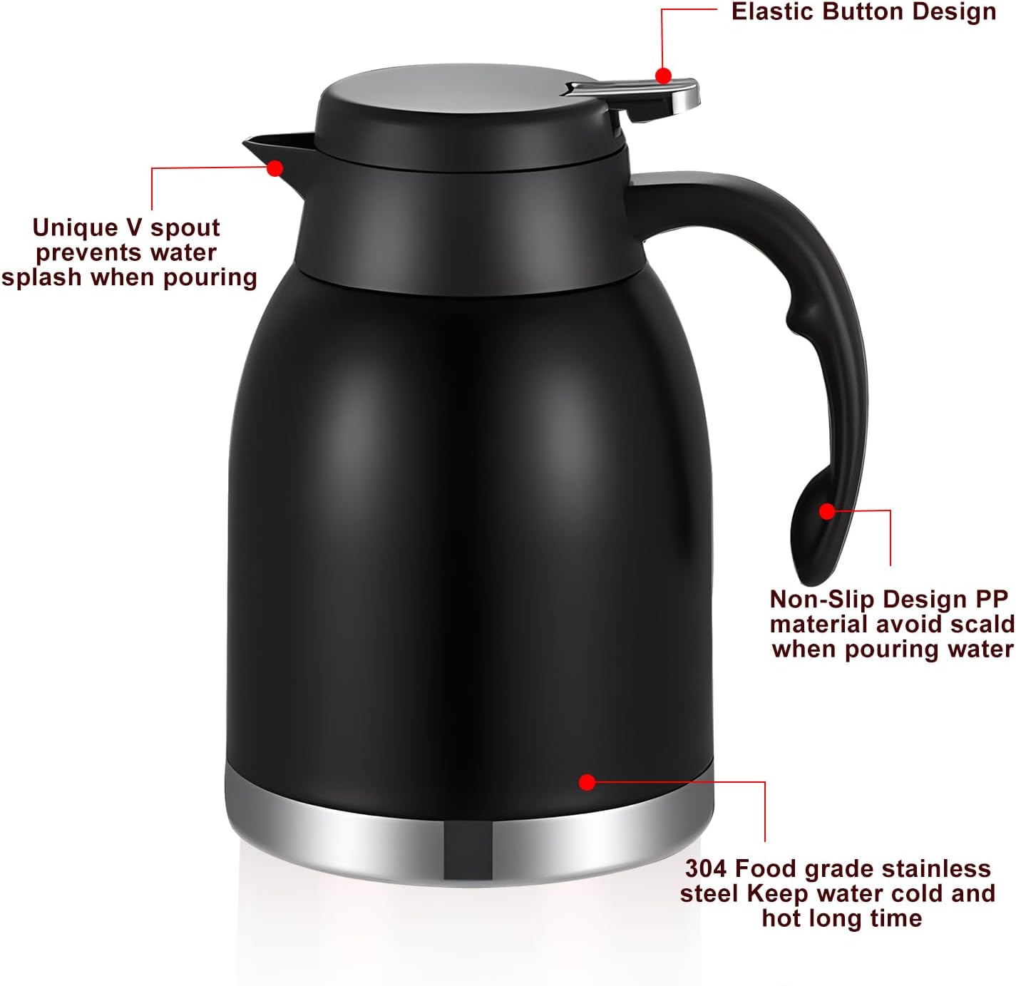 54oz 2PCS Stainless Steel Thermal Coffee Carafe Dispenser with Brush,Double Wall Vacuum Flask 1.6L Water Tea Pot Beverage Pitcher for Cold Drinks in Summer (Matte Black,2Pack)