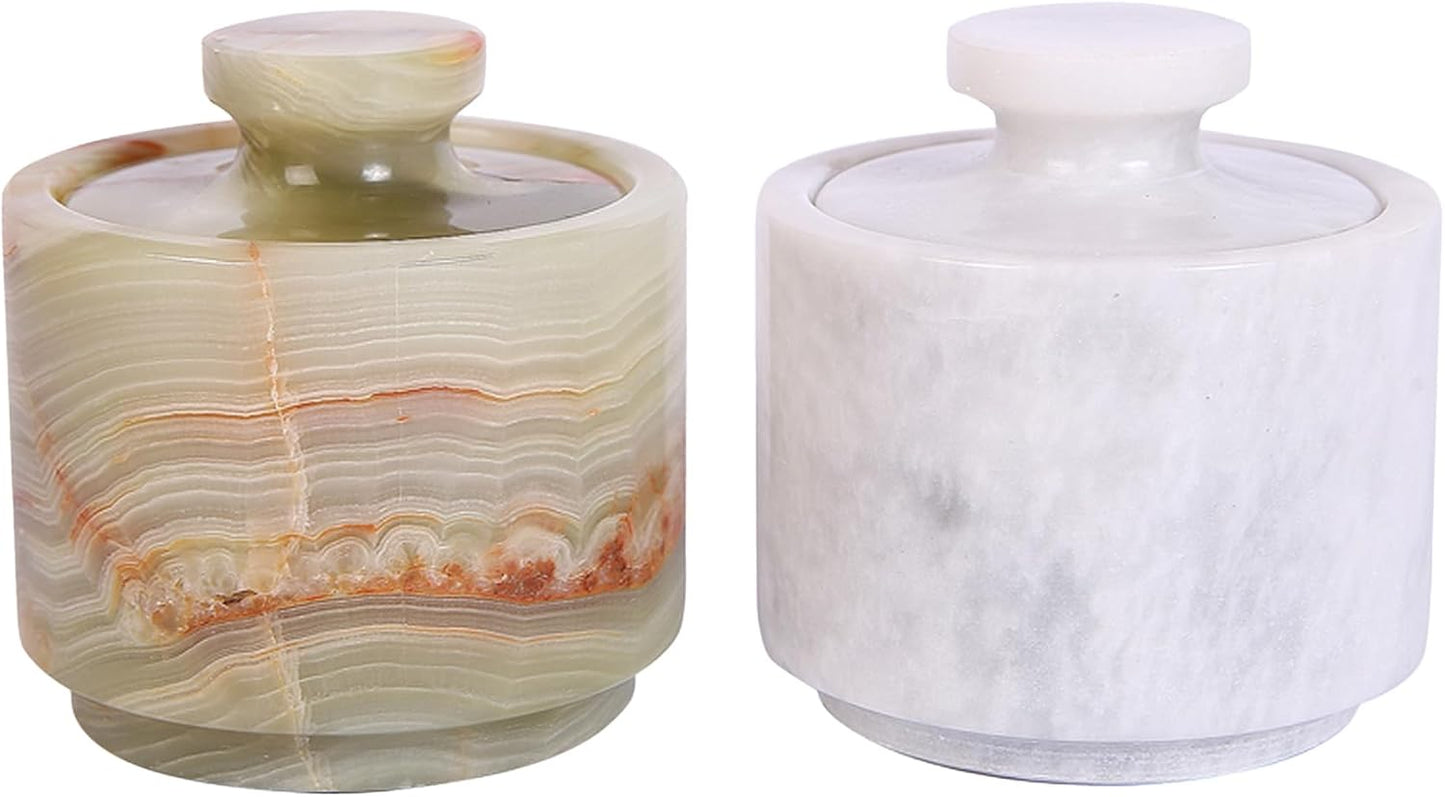 Marble Salt Cellar With Lid- Pack Of 2 Marble Salt And Pepper Bowls- Salt Holder With Lid To Put Salt, Paprika, Pepper, And Spice (Onyx Green & White, Style 01)