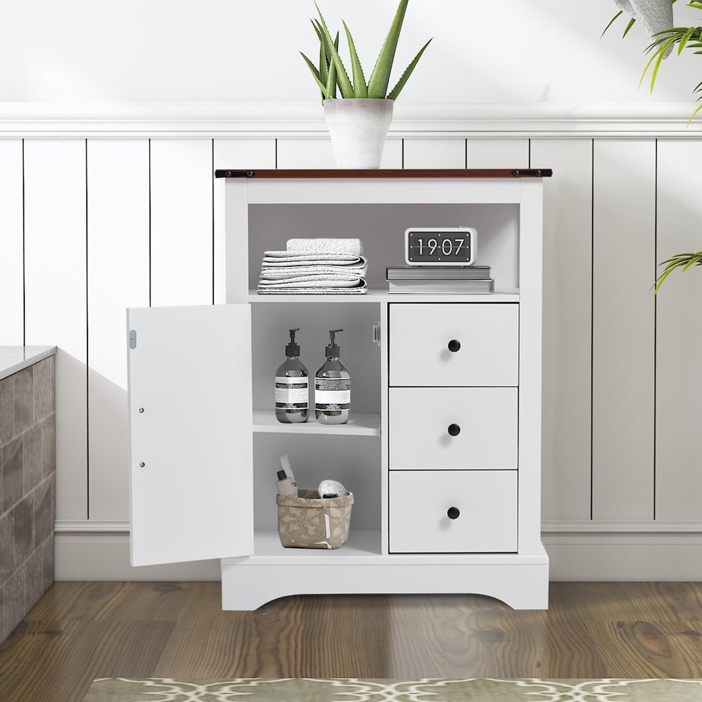 JOMEED Bathroom Floor Cabinet, Farmhouse Storage Cabinet with 3 Drawers & Adjustable Shelves, Free-Standing Cupboard for Kitchen, Living Room, Bathroom, White
