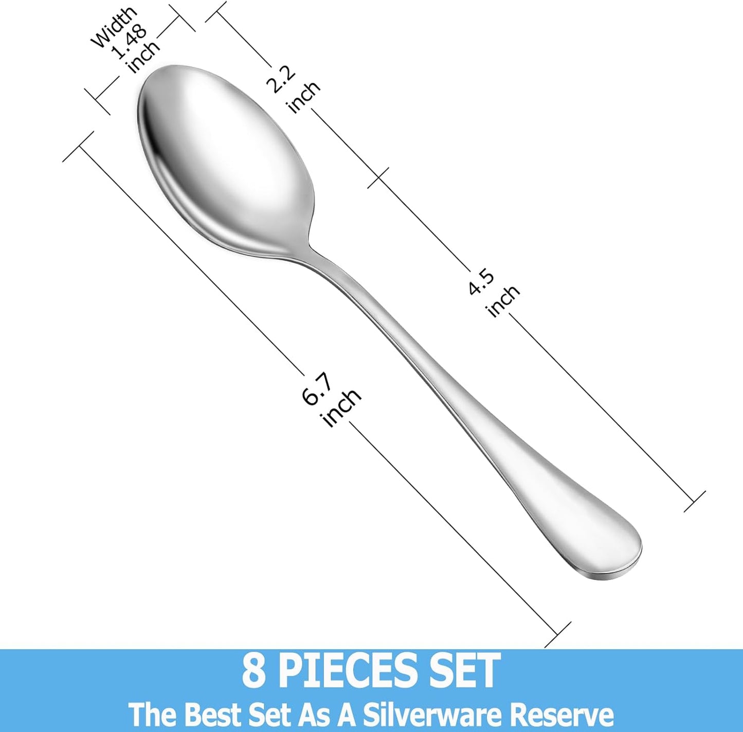 8 Pcs Teaspoons Set, Food Grade Stainless Steel Tea Spoons, Durable Small Spoons, Metal Dessert Spoon, Spoon Silverware for Home, Kitchen or Restaurant, Mirror Polished & Dishwasher Safe, 6.7-Inch
