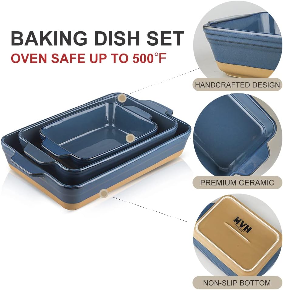 HVH Baking Dish Set, 9x13 Baking Dish, Large Casserole Dish Set, Ceramic Lasagne Pan Deep, Baking Dishes for Casseroles 13 x 9, Ceramic Bakeware Set of 3, Farmhouse Style (Blue)