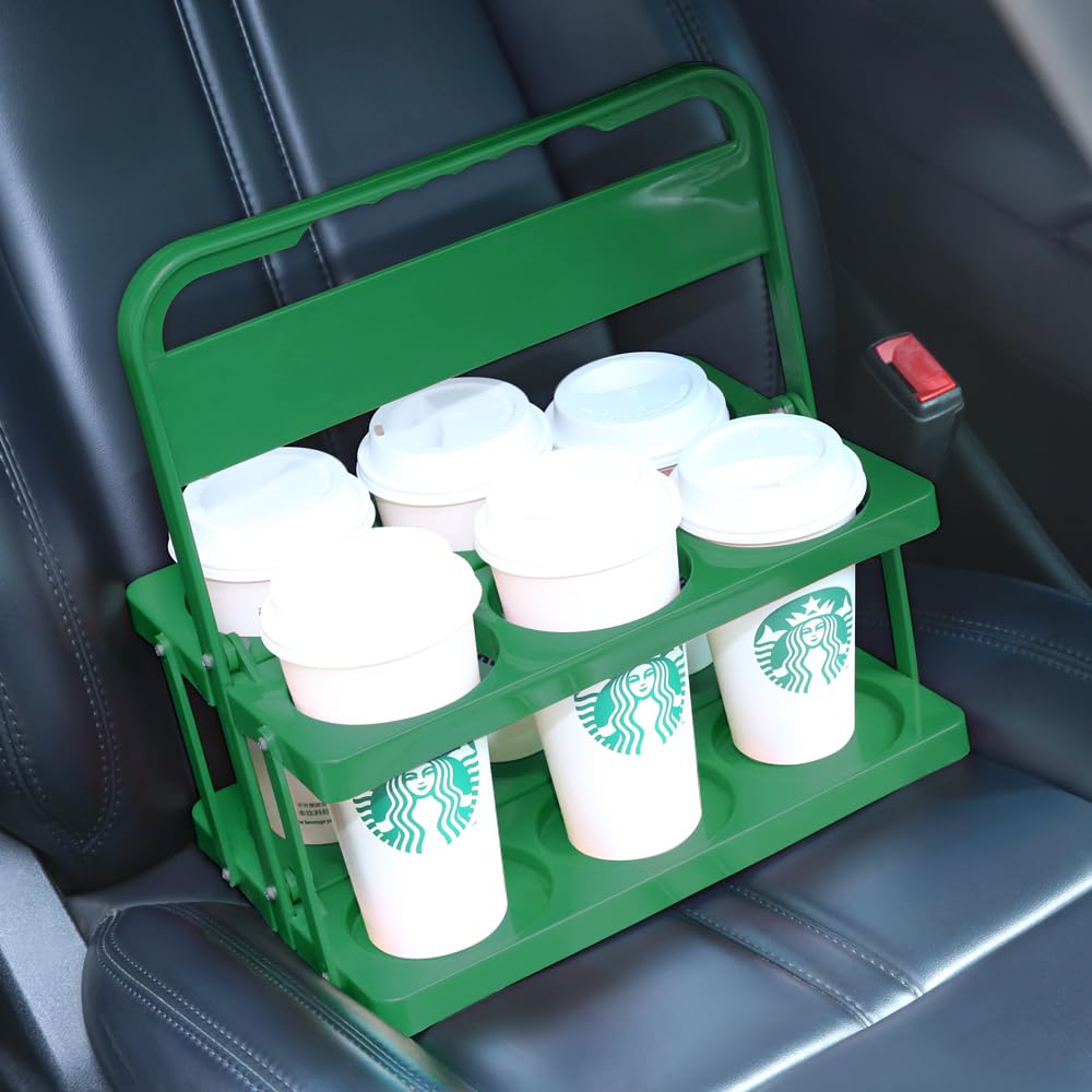 Bodaon 6 Cup Drink Carrier with Handle, Plastic Cup Holders for GrubHub/Doordash Delivery, Reusable Foldable Car Drink Caddy, Leakproof Food Delivery Accessories, 360° Secure Grip, Green