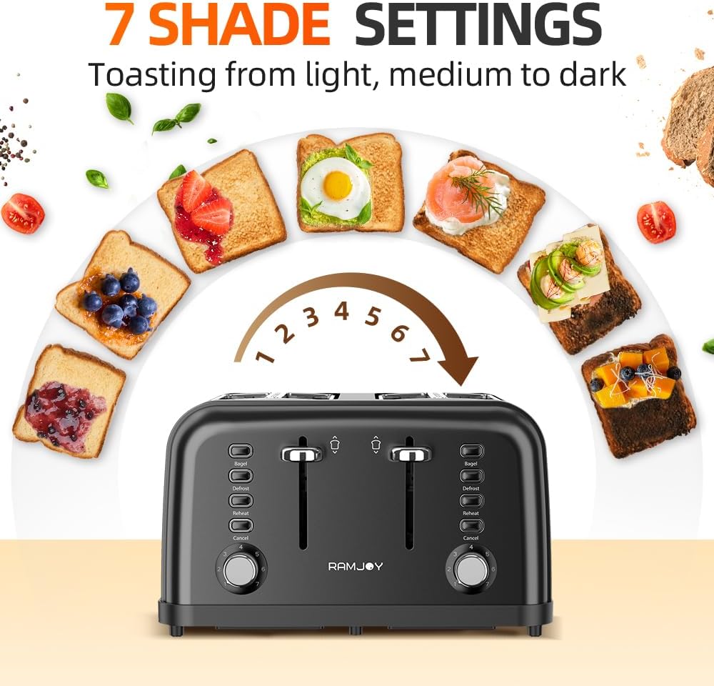 Black Toaster 4 Slice, Dual Independent Controls, Extra Wide Slot Toasters for Bagel, Bread, Waffles, 7 Shade Settings, 4 Main Functions, Removable Crumb Tray, 1500 Watts, Black Stainless Steel