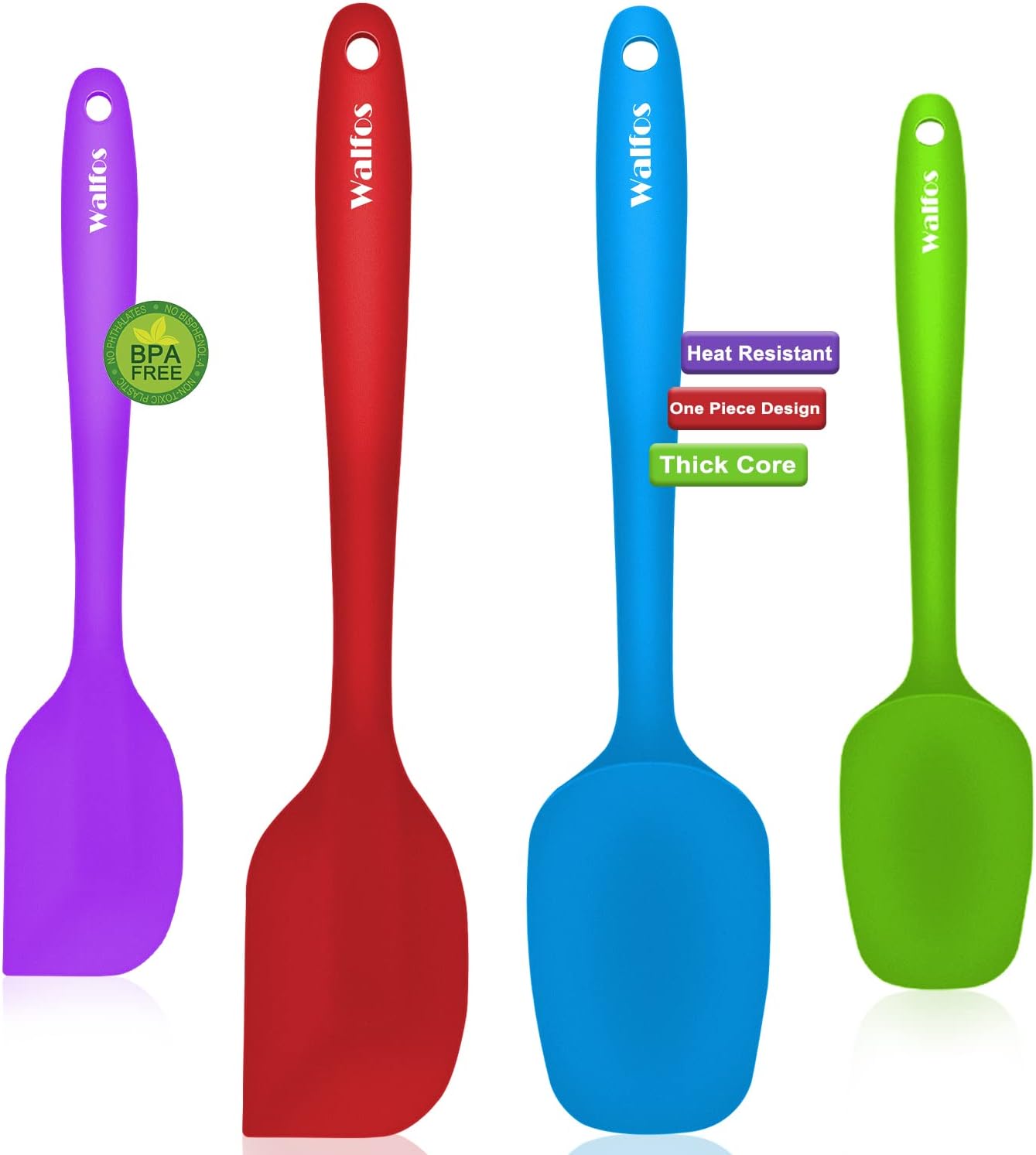 Walfos Silicone Spatula Set of 4(600°F）,Heat Resistant Kitchen Silicone Scraper Spatulas, Strong Steel Core and One-Pieces Seamless Design, For Cooking Mixing & Baking,BPA Free & Dishwasher Safe