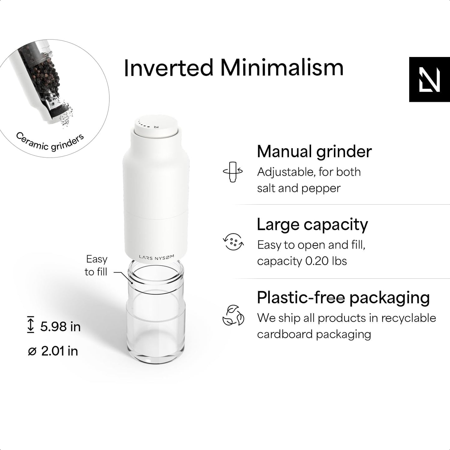 LARS NYSØM Salt and Pepper Grinder Set, Stainless Steel Manual Salt and Pepper Mills, Adjustable Ceramic Grinder, Design Spice Shakers (Pure White)