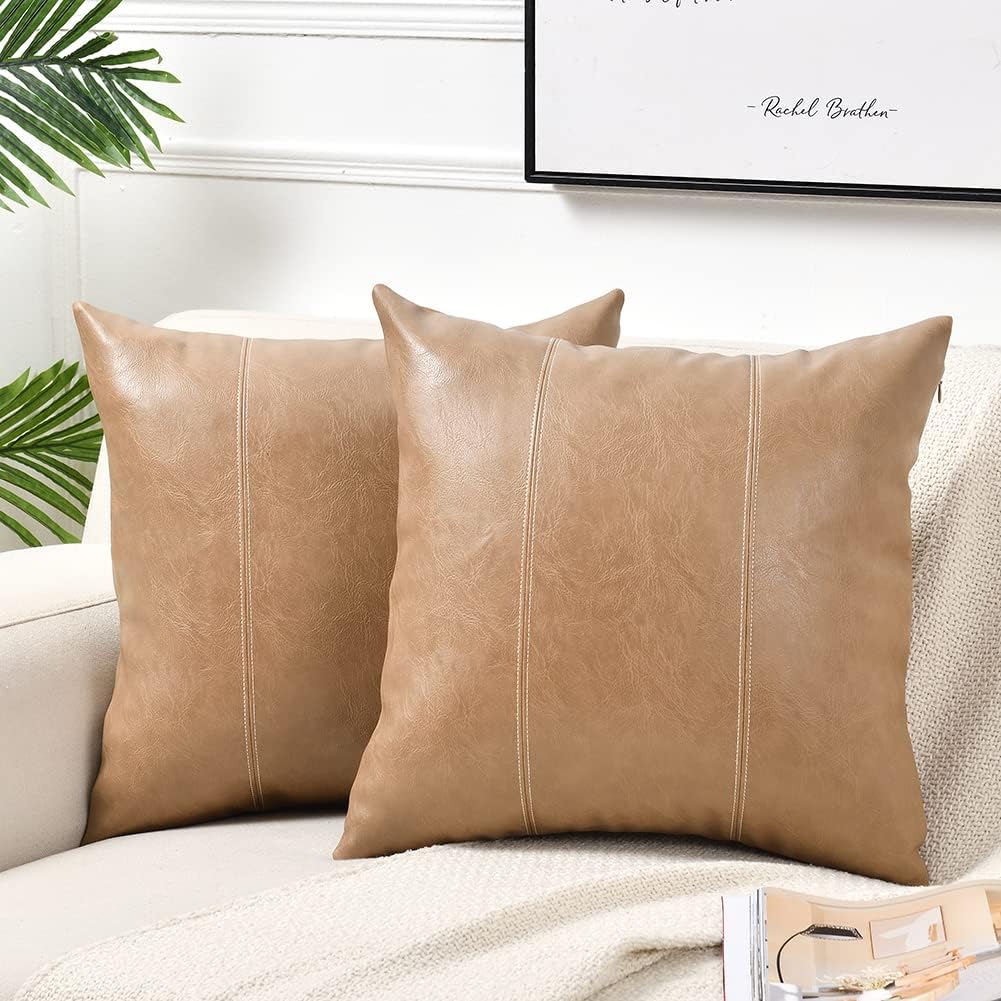 Fancy Homi Tan Decorative Throw Pillow Covers 20x20 Inch for Living Room Couch Bed, Modern Farmhouse Boho Home Decor, Waterproof Faux Leather Hand Stitched Beige Square Cushion Case 50x50 cm