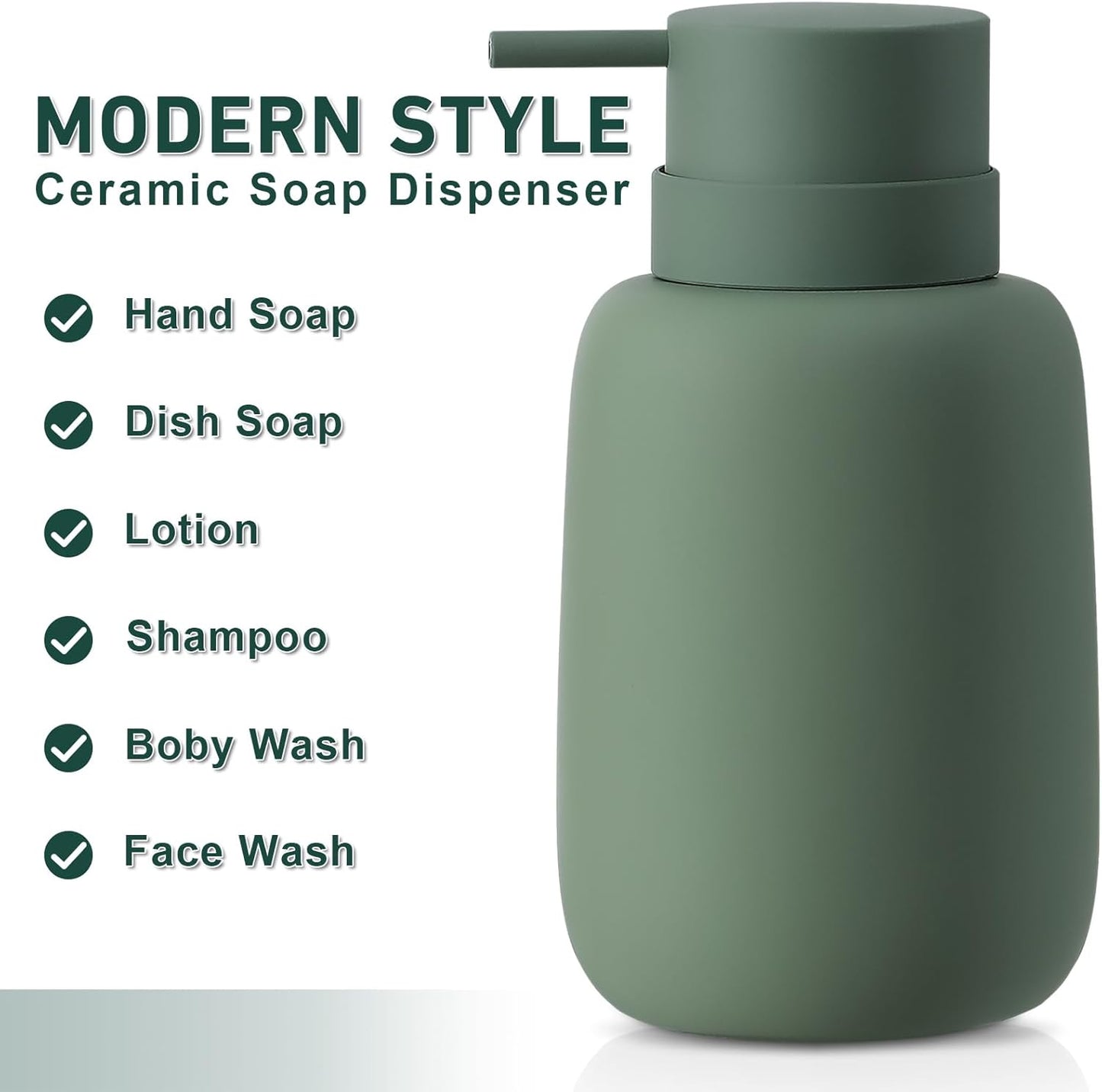Ceramic Hand Soap Dispenser for Bathroom,16OZ Matte Dish Soap Dispenser for Kitchen Sink,Refillable Liquid Lotion Dispenser with Easy-to-Press Pump Rubber Paint (Green)