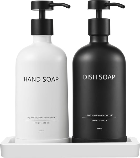 Glass Kitchen Soap Dispenser Set with Ceramic Tray,16.9 floz Hand and Dish Soap Dispenser for Kitchen and Bathroom Decor,White and Black Kitchen Accessories(White Bottles+Black Bottles)