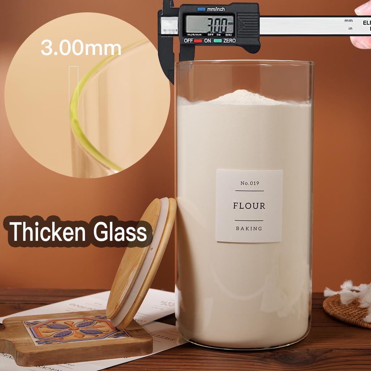 1.2 Gallon Large Glass Grain Storage Container With Airtight Bamboo Lid - Kitchen Glass Storage Jars With 42 Pantry Labels - Thicken Big Clear Rice and Flour Containers For Your Pantry