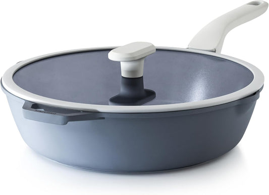 Ceramic Nonstick Deep Saute Pan with Lid, 12 Inch/4.8 QT Non Toxic Pans with Double Pour Spout, Helper Handle and Lid, Metal Utennsil Safe, Dishwasher Safe, (Gray)