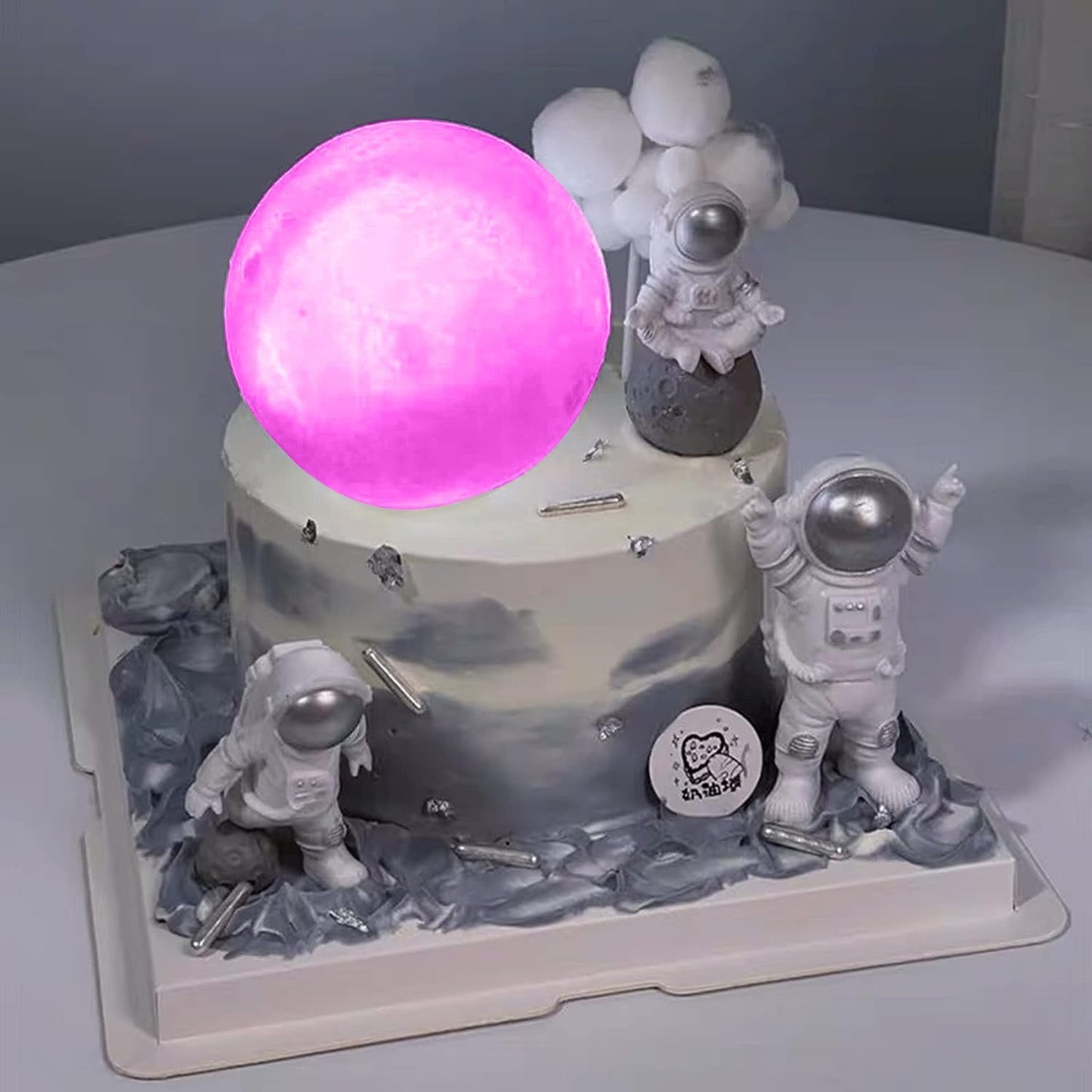 Cake Topper for Kids Astronaut Space Birthday Cake Decoration, 3D Soft Light Moon Outer Space Cake Topper for Party Supply, LED Moon Planet Birthday Cake Decoration (Pink)