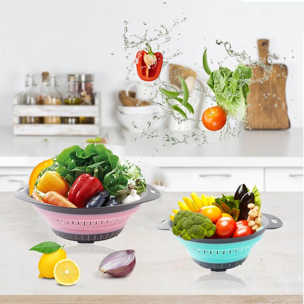 Collapsible Colander Set, Square Round Triangles Silicone Kitchen Strainer Perfect for Draining Pasta Vegetable fruit 2 PCS (Green & Red, 12"L x 9.5"W x 2.3"H)